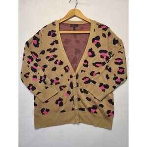Takeout Cardigan Sweater Wm XL Tan Pink Leopard Print Button Front V-Neck Glam